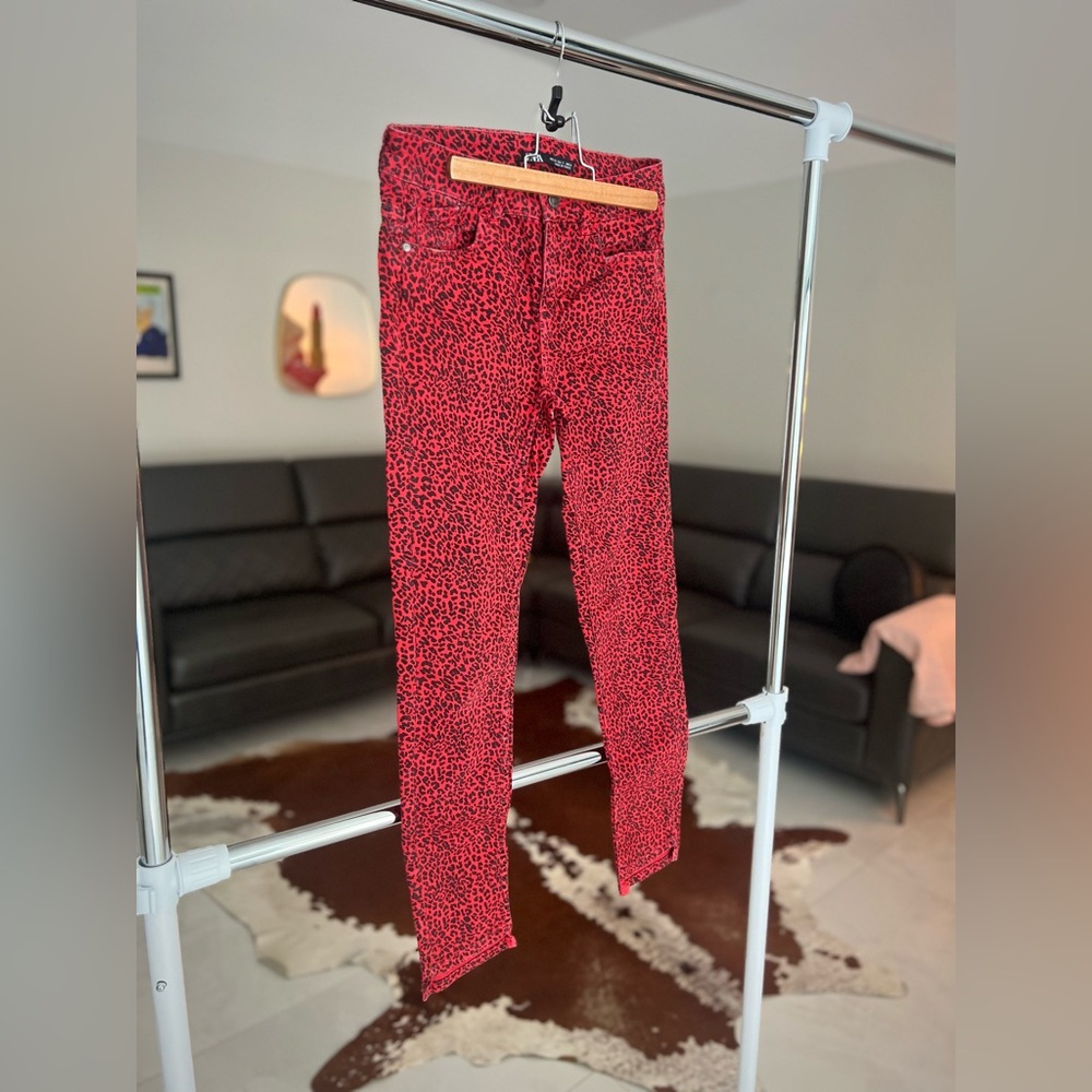 Zara red skinny Leopard Print Jeans Sz 2